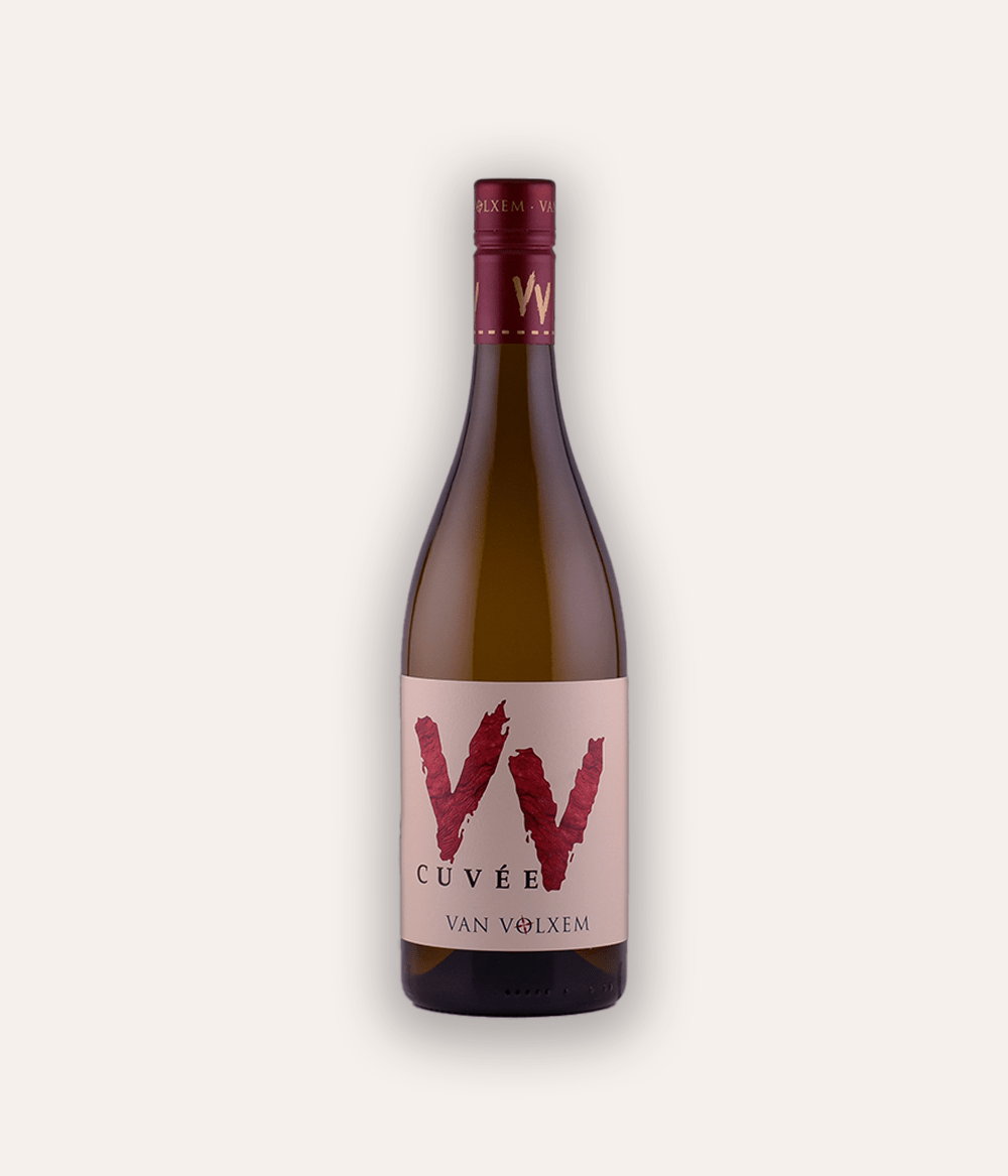 Weinflasche Van Volxem – Cuvée VV 2022 – Saar-Flasche mit dunkelroter Schraubkapsel, rosafarbenes Etikett mit VV-Logo und Van Volxem Weinname