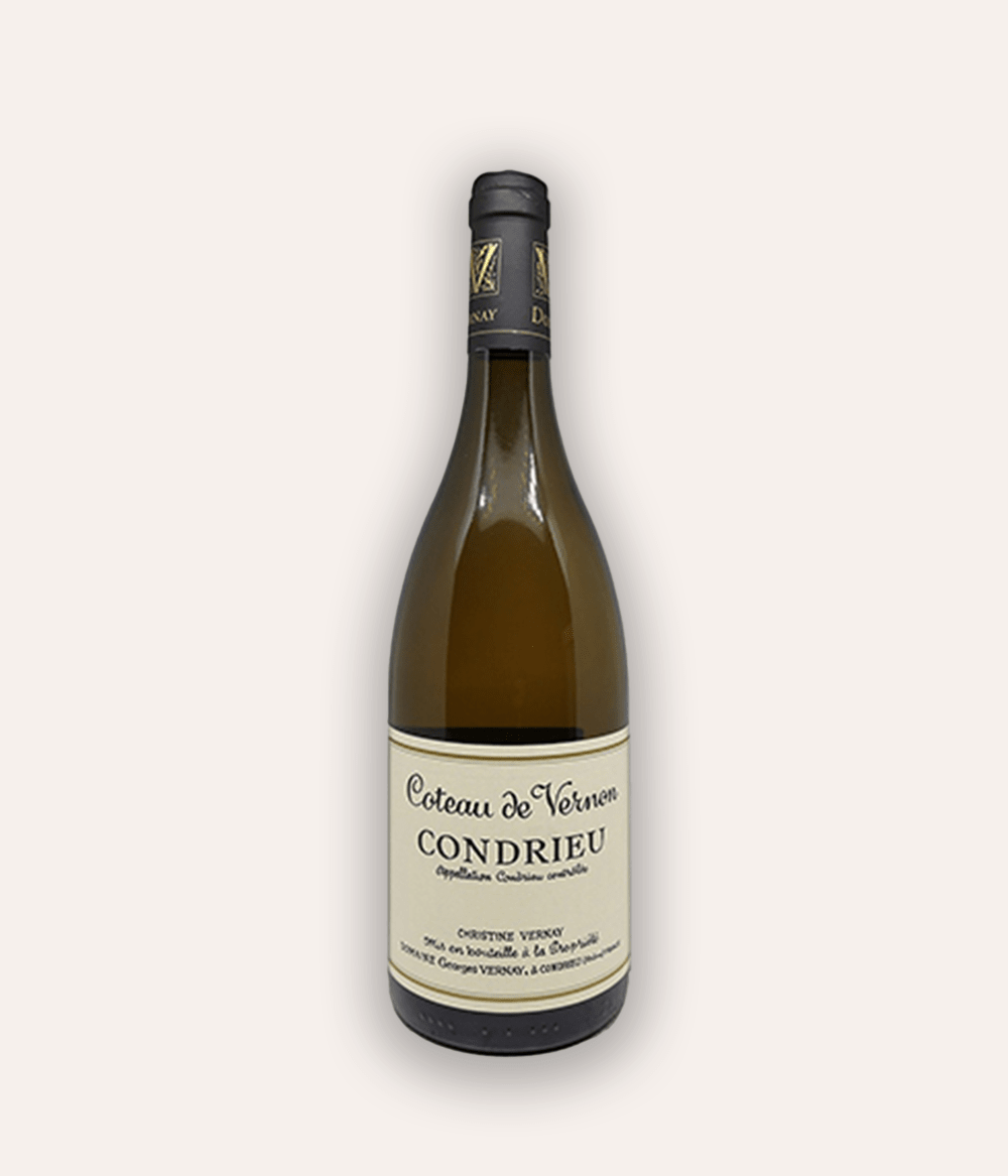 Weinflasche Domaine Georges Vernay – Condrieu "Coteau de Vernon" 2020 – olivgrüne Rhône-Flasche mit schwarzer Kapsel und goldenem V-Emblem, weißes Etikett mit blau-goldenem V-Logo
