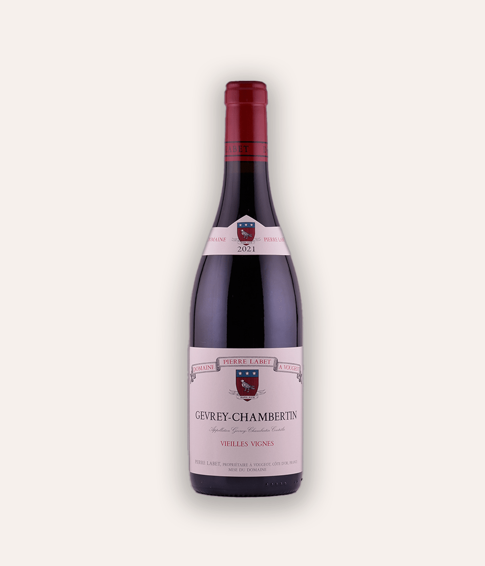 Weinflasche Domaine Pierre Labet – Gevrey-Chambertin Vielles Vignes 2021 – Burgunder-Flasche mit lavendelfarbener Kapsel, Domaine Pierre Labet Bourgogne Etikett