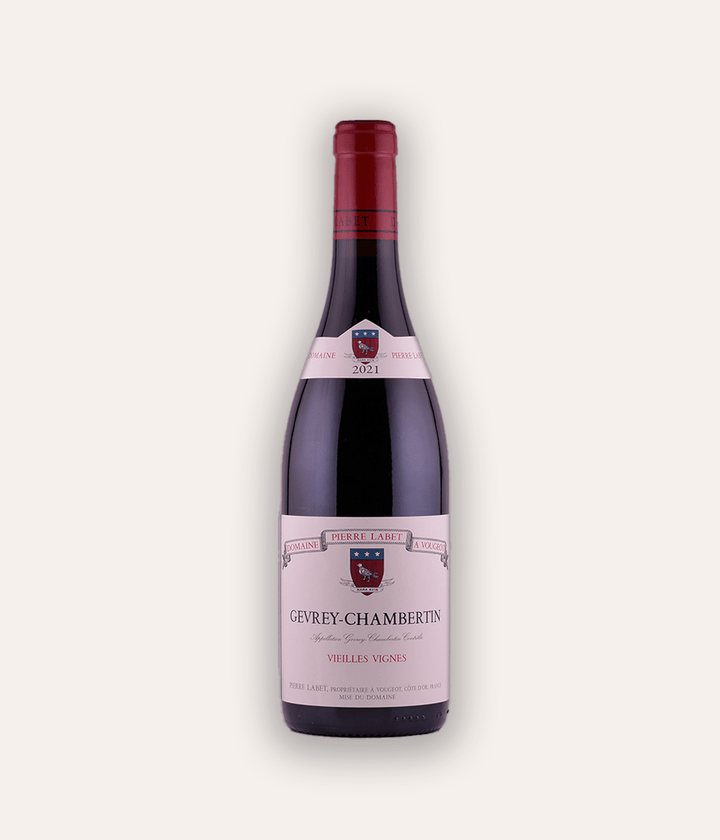 Weinflasche Domaine Pierre Labet – Gevrey-Chambertin Vielles Vignes 2021 – Burgunder-Flasche mit lavendelfarbener Kapsel, Domaine Pierre Labet Bourgogne Etikett