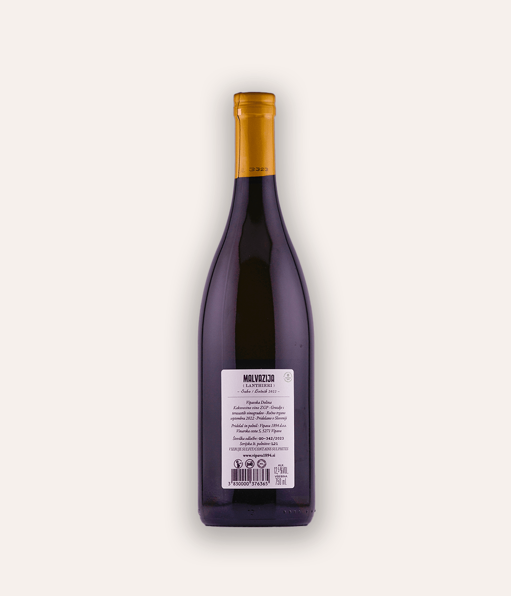 Weinflasche Vipava 1896 – Malvazija Lanthieri 2022 – klare Flasche mit orangefarbener Schraubkapsel, hellfarbenes Etikett mit großer VIPAVA 1894 Aufschrift und Weinsorte Slovenija