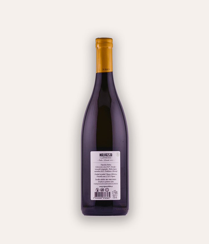 Weinflasche Vipava 1896 – Malvazija Lanthieri 2022 – klare Flasche mit orangefarbener Schraubkapsel, hellfarbenes Etikett mit großer VIPAVA 1894 Aufschrift und Weinsorte Slovenija