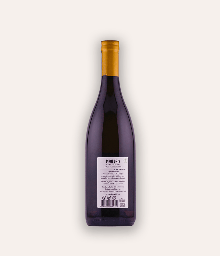 Weinflasche Vipava 1896 – Pinot Gris Lanthieri 2022 – klare Flasche mit orangefarbener Schraubkapsel, hellfarbenes Etikett mit großer VIPAVA 1894 Aufschrift und Weinsorte Slovenija