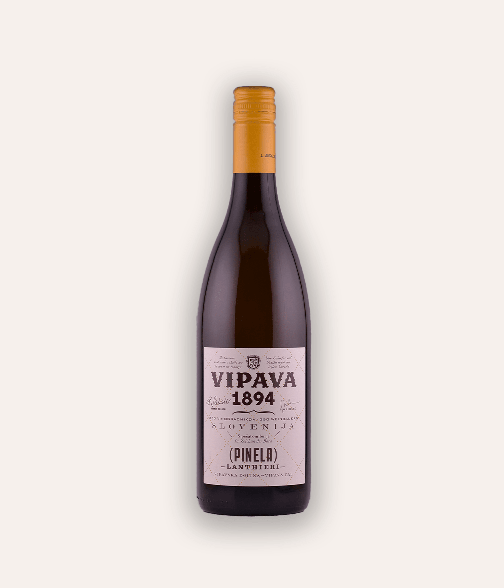 Weinflasche Vipava 1896 – Pinela Terase 2021 – klare Flasche mit orangefarbener Schraubkapsel, hellfarbenes Etikett mit großer VIPAVA 1894 Aufschrift und Weinsorte Slovenija