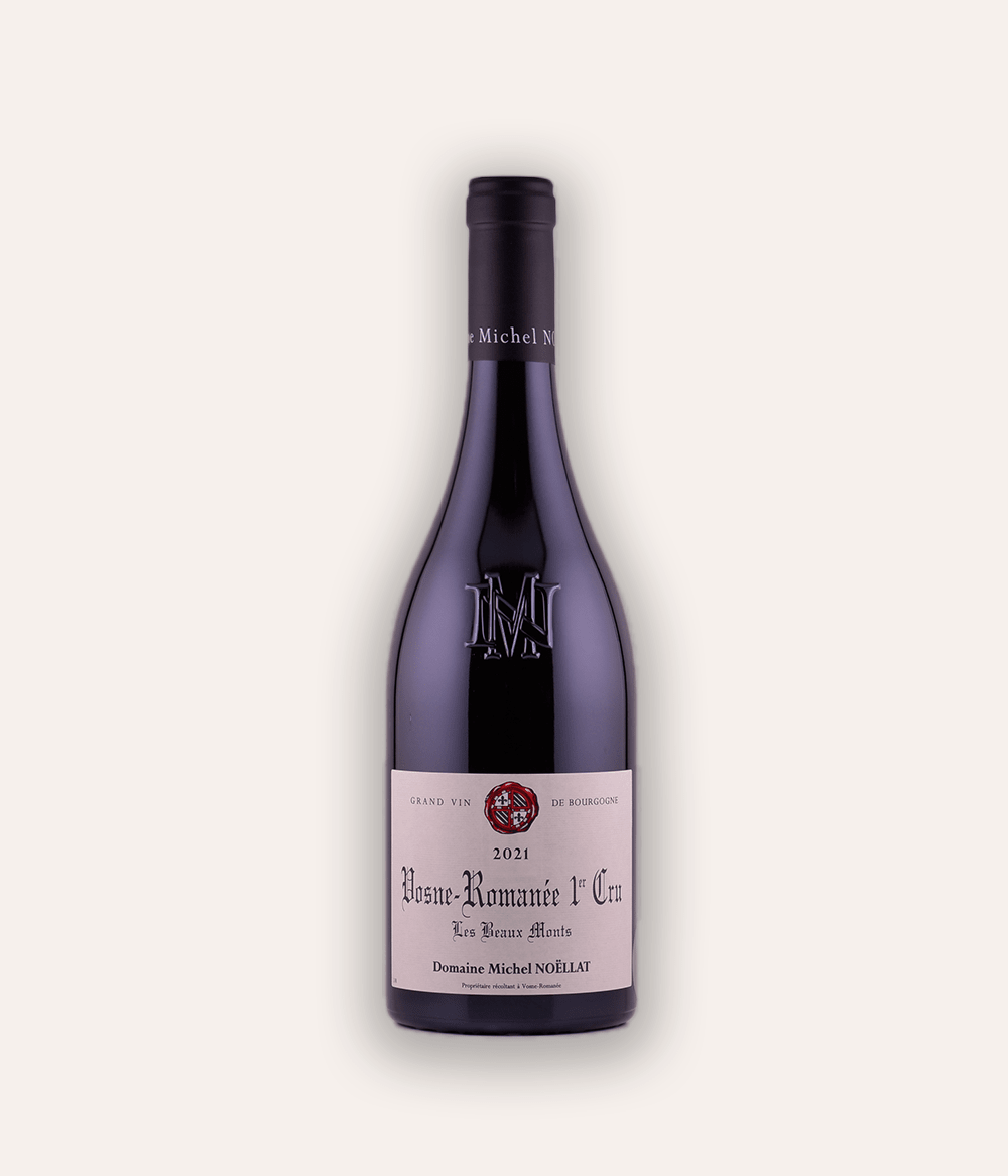 Weinflasche Domaine Michel Noëllat Les Beaux Monts Premier Cru 2021 – dunkle Burgunder-Flasche mit navy Kapsel und M-Monogramm, Domaine Michel Noëllat Etikett