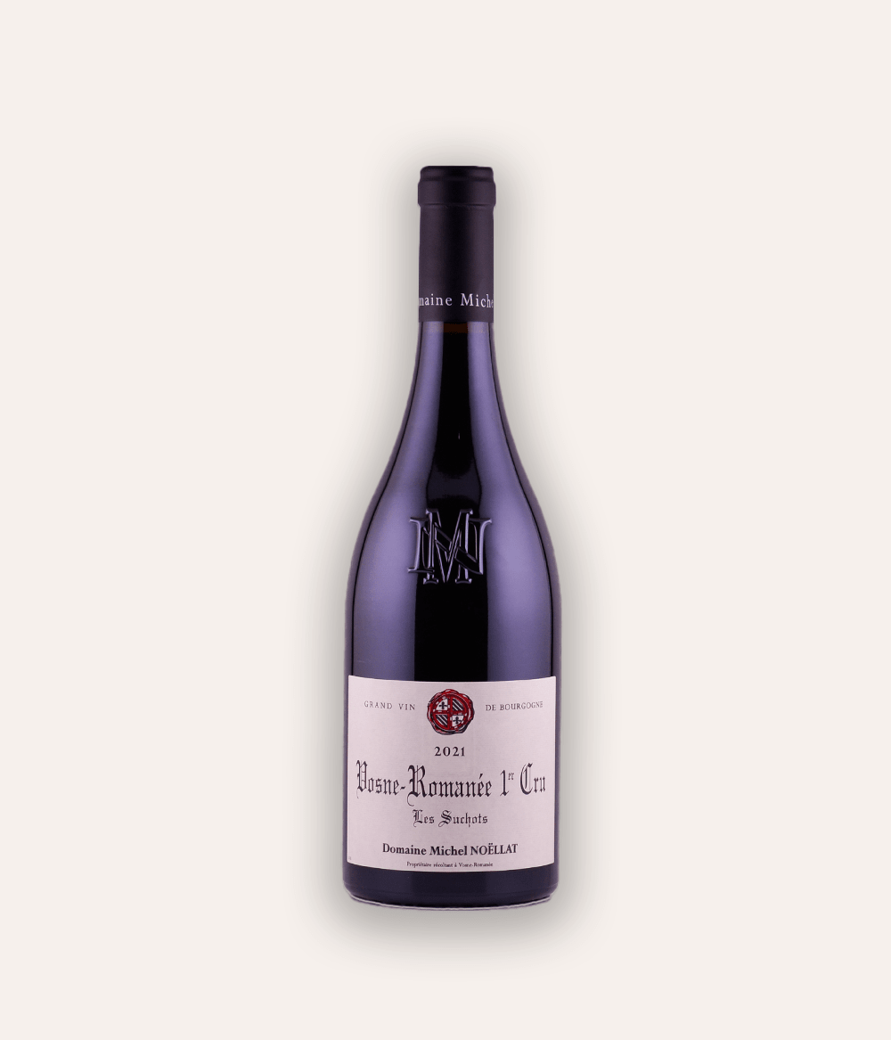 Weinflasche Domaine Michel Noëllat Les Suchots Premier Cru 2021 – dunkle Burgunder-Flasche mit navy Kapsel und M-Monogramm, Domaine Michel Noëllat Etikett