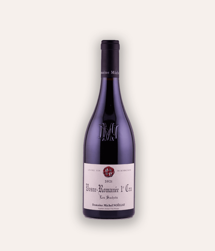Weinflasche Domaine Michel Noëllat Les Suchots Premier Cru 2021 – dunkle Burgunder-Flasche mit navy Kapsel und M-Monogramm, Domaine Michel Noëllat Etikett