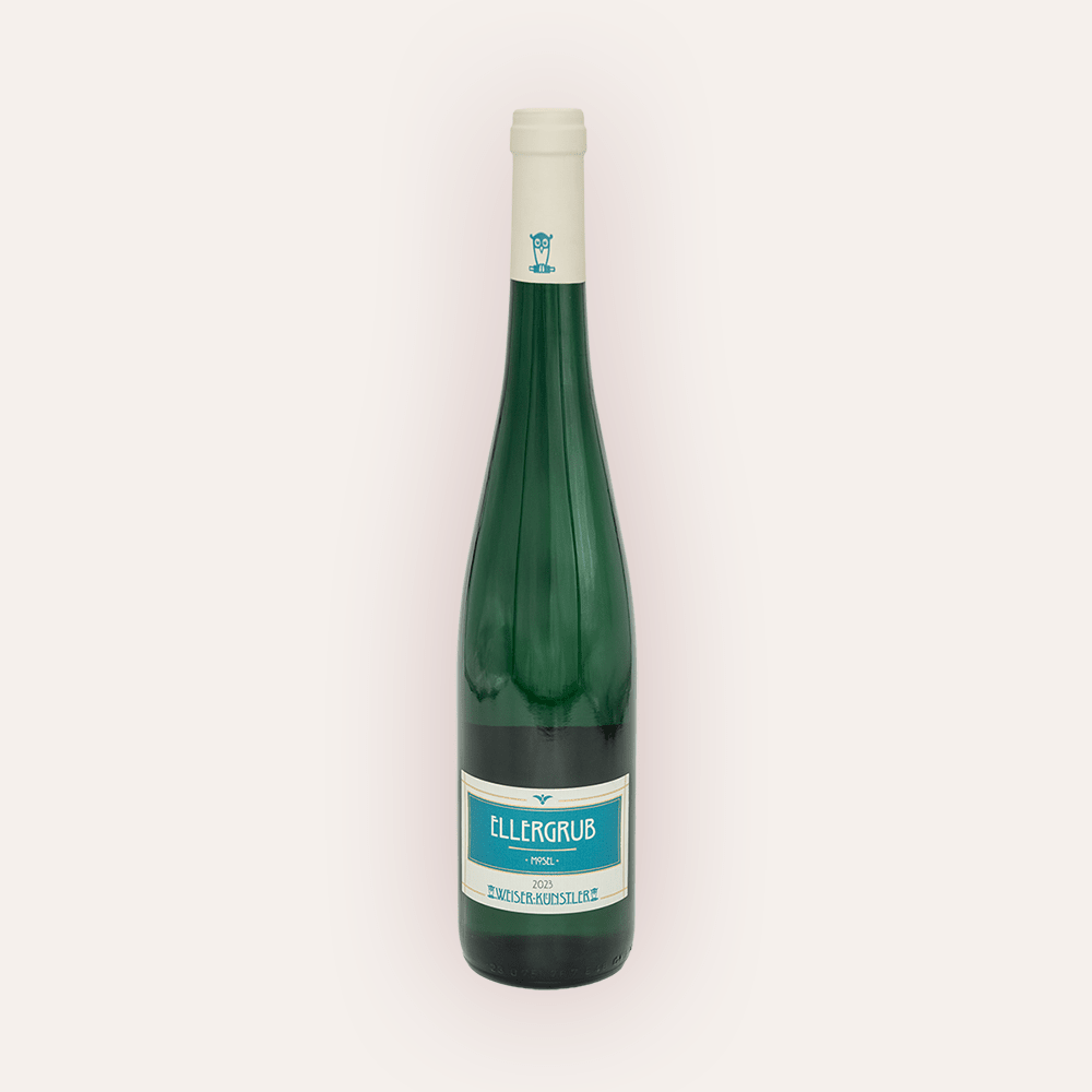 Weinflasche Weiser-Künstler – Riesling Ellergrub "Grosse Eule" 2023 – Mosel, Eulen-Logo, Weiser-Künstler